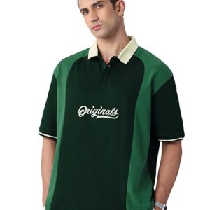 Short Sleeves Polo Collar Cream Colour Block Cotton Casual Lightweight Drop Shoulder Streetwear Trendy Oversized T-Shirts