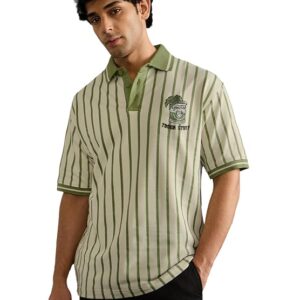 Tough Stuff Men and Boys Short Sleeve Spread Collar Light Green Striped Embroidered Cotton Breathable Lightweight Oversized Polos